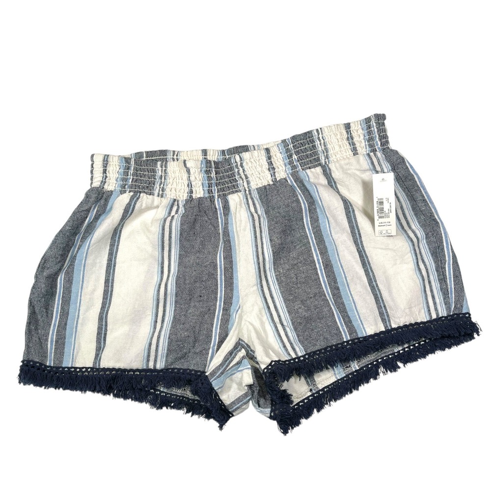No Boundaries L/G 11-13 Blue Striped Smocked Crochet Fringe Shorts Coastal Boho